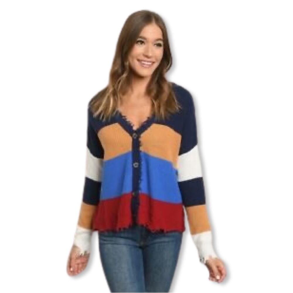 Fate Multi Colorblock Button Down Cardigan Distressed Edge Sweater